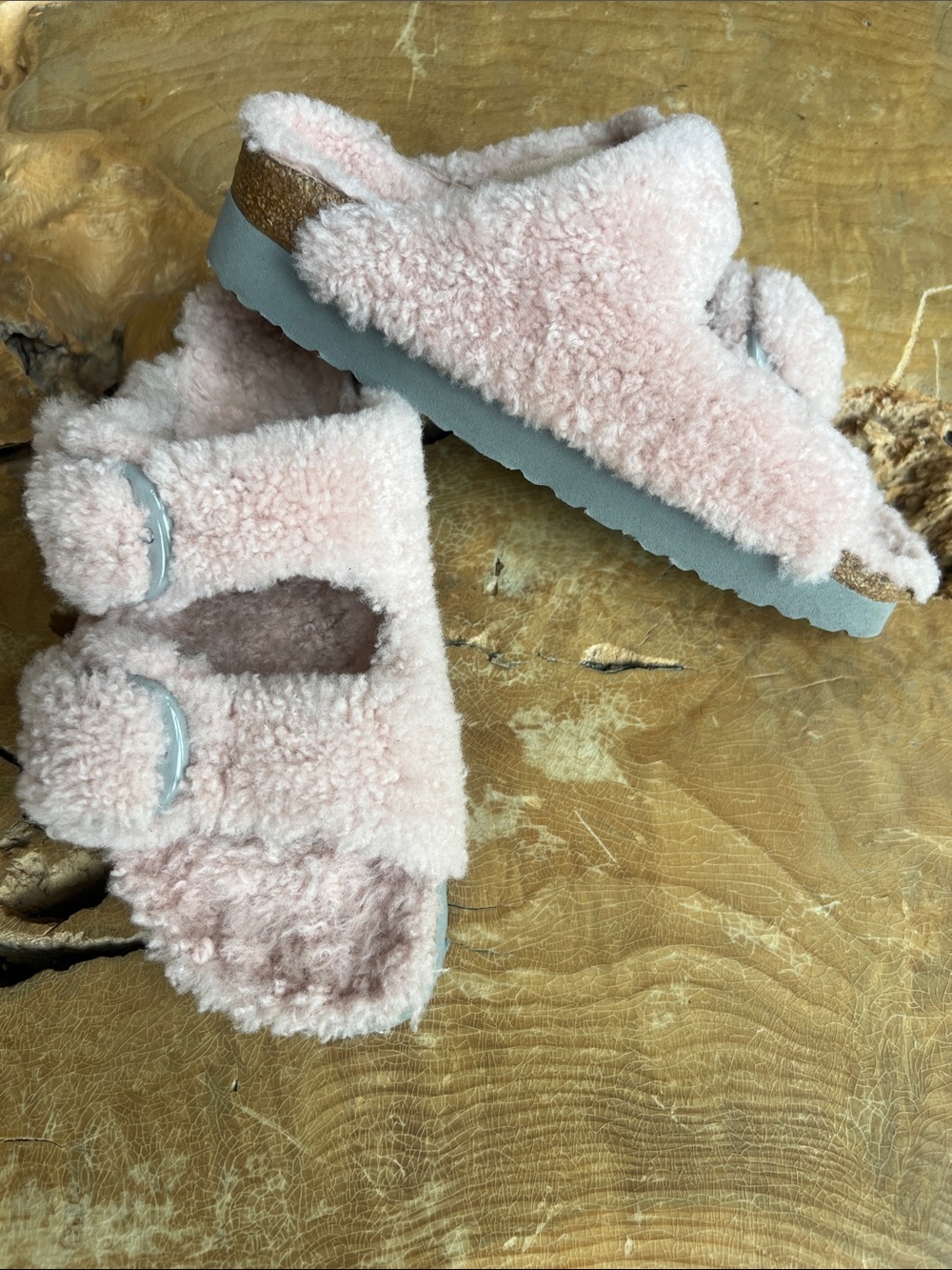 Papillio Birkenstock Double-Buckle Slide Sandals - Light Pink Shearling Size 39